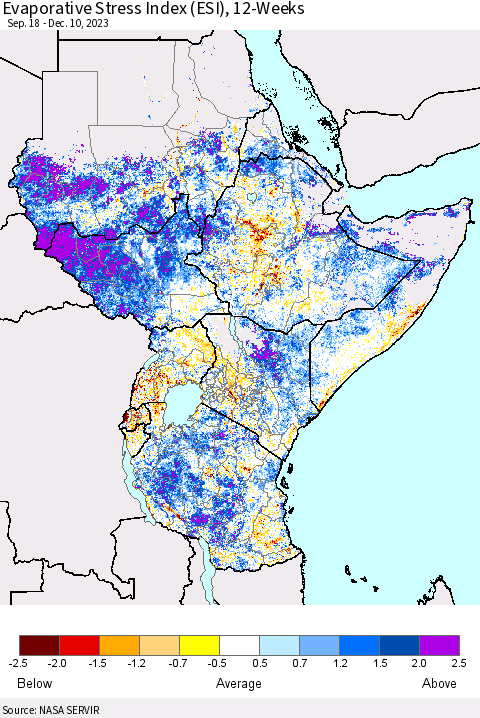 Eastern Africa Evaporative Stress Index (ESI), 12-Weeks Thematic Map For 12/4/2023 - 12/10/2023