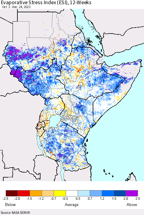 Eastern Africa Evaporative Stress Index (ESI), 12-Weeks Thematic Map For 12/18/2023 - 12/24/2023