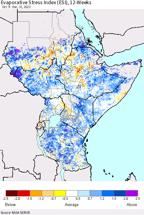 Eastern Africa Evaporative Stress Index (ESI), 12-Weeks Thematic Map For 12/25/2023 - 12/31/2023