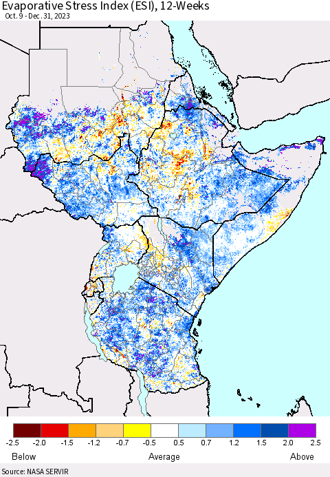 Eastern Africa Evaporative Stress Index (ESI), 12-Weeks Thematic Map For 1/1/2024 - 1/7/2024