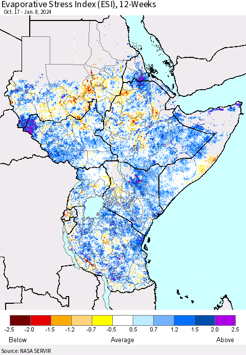 Eastern Africa Evaporative Stress Index (ESI), 12-Weeks Thematic Map For 1/8/2024 - 1/14/2024