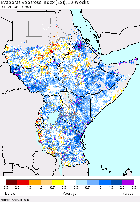 Eastern Africa Evaporative Stress Index (ESI), 12-Weeks Thematic Map For 1/15/2024 - 1/21/2024
