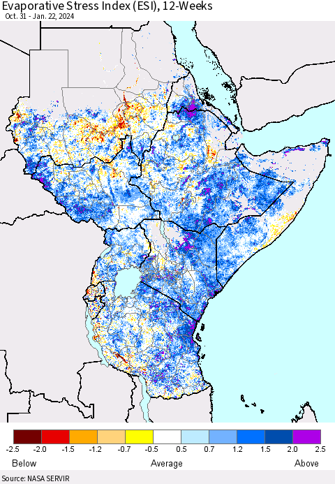 Eastern Africa Evaporative Stress Index (ESI), 12-Weeks Thematic Map For 1/22/2024 - 1/28/2024