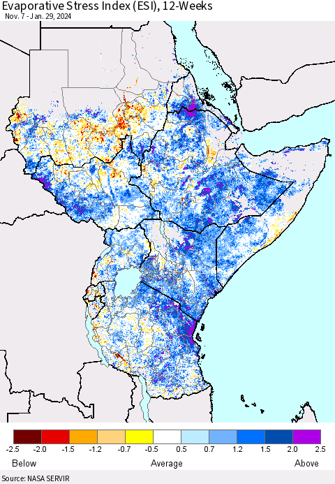 Eastern Africa Evaporative Stress Index (ESI), 12-Weeks Thematic Map For 1/29/2024 - 2/4/2024