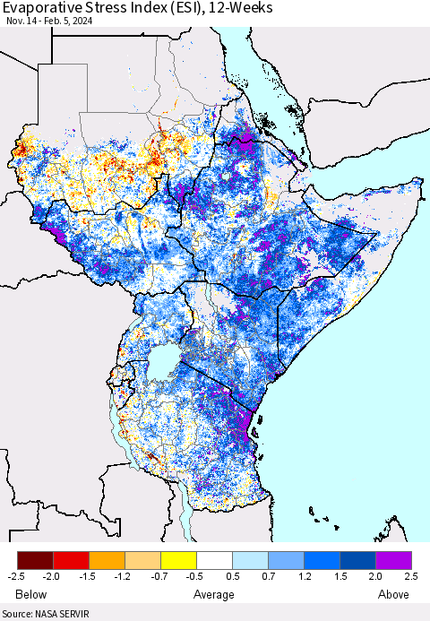 Eastern Africa Evaporative Stress Index (ESI), 12-Weeks Thematic Map For 2/5/2024 - 2/11/2024