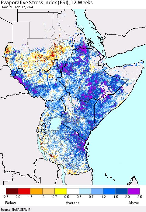 Eastern Africa Evaporative Stress Index (ESI), 12-Weeks Thematic Map For 2/12/2024 - 2/18/2024