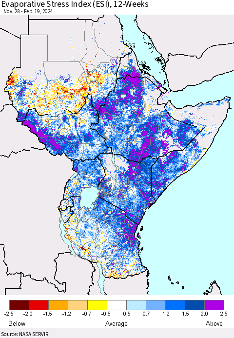 Eastern Africa Evaporative Stress Index (ESI), 12-Weeks Thematic Map For 2/19/2024 - 2/25/2024