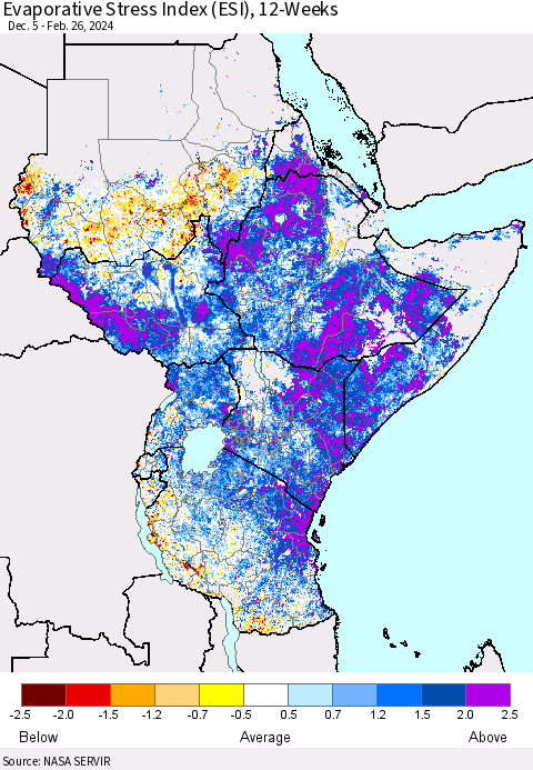 Eastern Africa Evaporative Stress Index (ESI), 12-Weeks Thematic Map For 2/26/2024 - 3/3/2024