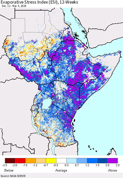 Eastern Africa Evaporative Stress Index (ESI), 12-Weeks Thematic Map For 3/4/2024 - 3/10/2024