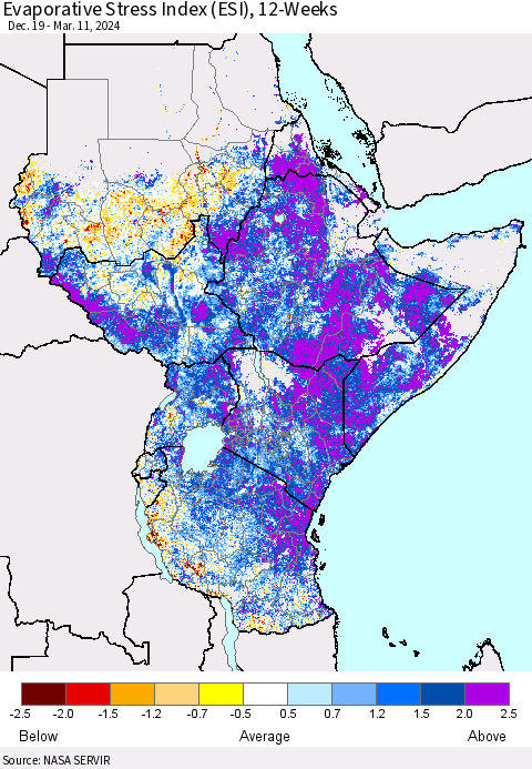 Eastern Africa Evaporative Stress Index (ESI), 12-Weeks Thematic Map For 3/11/2024 - 3/17/2024