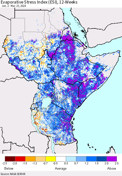 Eastern Africa Evaporative Stress Index (ESI), 12-Weeks Thematic Map For 3/25/2024 - 3/31/2024