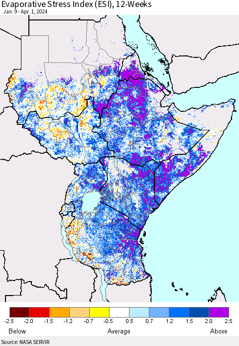 Eastern Africa Evaporative Stress Index (ESI), 12-Weeks Thematic Map For 4/1/2024 - 4/7/2024
