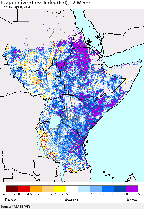Eastern Africa Evaporative Stress Index (ESI), 12-Weeks Thematic Map For 4/8/2024 - 4/14/2024