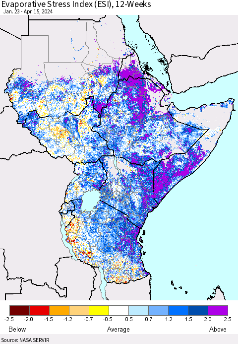 Eastern Africa Evaporative Stress Index (ESI), 12-Weeks Thematic Map For 4/15/2024 - 4/21/2024
