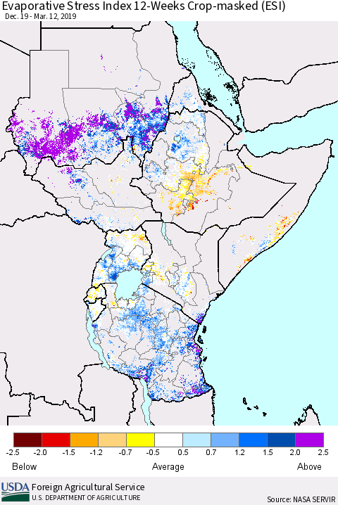 Eastern Africa Evaporative Stress Index (ESI), 12-Weeks over Croplands Thematic Map For 3/11/2019 - 3/17/2019