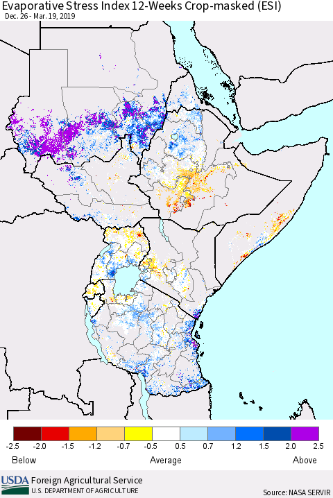 Eastern Africa Evaporative Stress Index (ESI), 12-Weeks over Croplands Thematic Map For 3/18/2019 - 3/24/2019