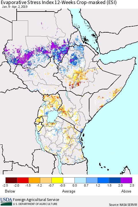 Eastern Africa Evaporative Stress Index (ESI), 12-Weeks over Croplands Thematic Map For 4/1/2019 - 4/7/2019