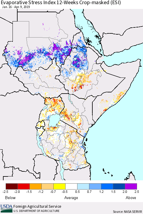 Eastern Africa Evaporative Stress Index (ESI), 12-Weeks over Croplands Thematic Map For 4/8/2019 - 4/14/2019