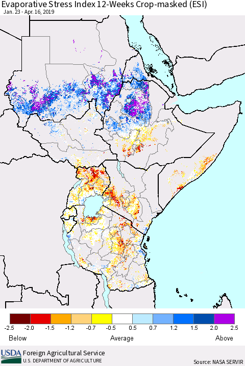 Eastern Africa Evaporative Stress Index (ESI), 12-Weeks over Croplands Thematic Map For 4/15/2019 - 4/21/2019
