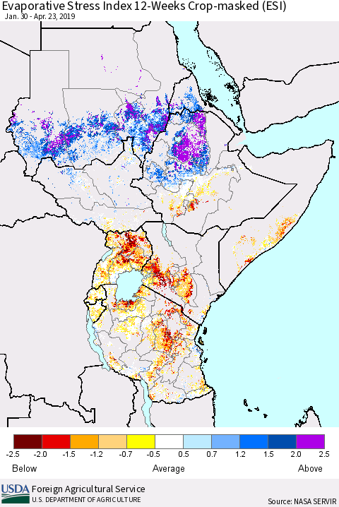 Eastern Africa Evaporative Stress Index (ESI), 12-Weeks over Croplands Thematic Map For 4/22/2019 - 4/28/2019