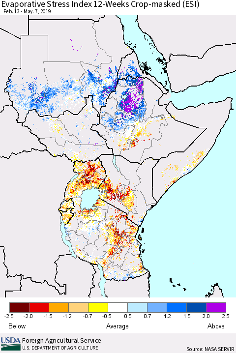 Eastern Africa Evaporative Stress Index (ESI), 12-Weeks over Croplands Thematic Map For 5/6/2019 - 5/12/2019