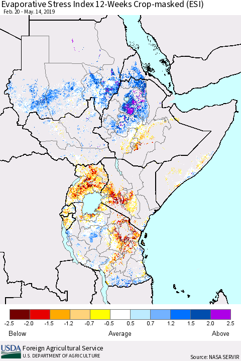 Eastern Africa Evaporative Stress Index (ESI), 12-Weeks over Croplands Thematic Map For 5/13/2019 - 5/19/2019