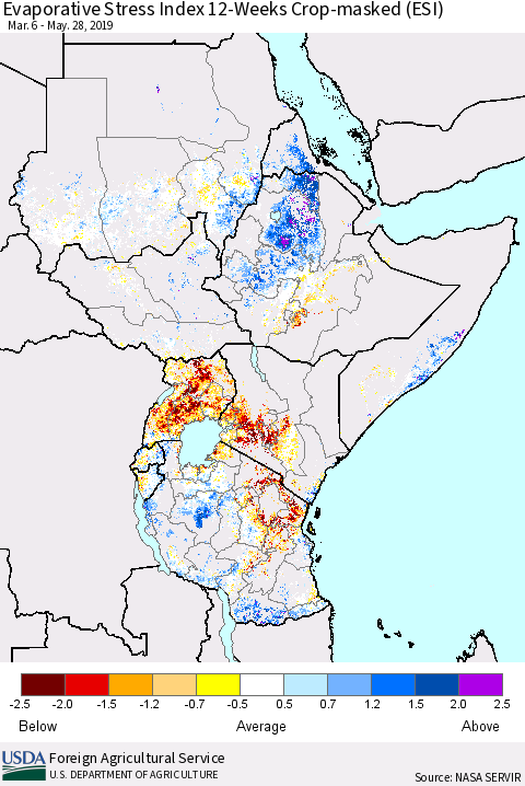 Eastern Africa Evaporative Stress Index (ESI), 12-Weeks over Croplands Thematic Map For 5/27/2019 - 6/2/2019