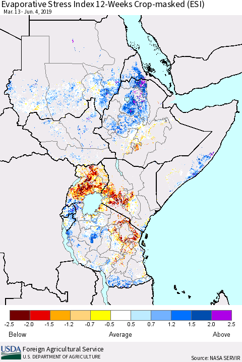 Eastern Africa Evaporative Stress Index (ESI), 12-Weeks over Croplands Thematic Map For 6/3/2019 - 6/9/2019