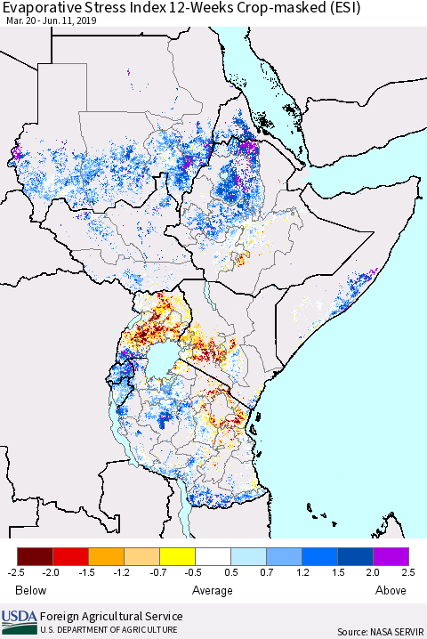 Eastern Africa Evaporative Stress Index (ESI), 12-Weeks over Croplands Thematic Map For 6/10/2019 - 6/16/2019