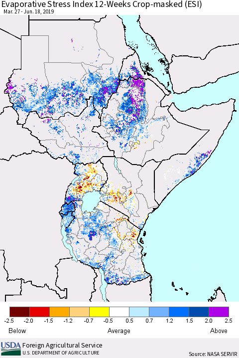 Eastern Africa Evaporative Stress Index (ESI), 12-Weeks over Croplands Thematic Map For 6/17/2019 - 6/23/2019