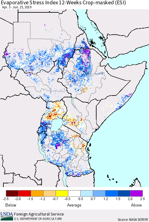 Eastern Africa Evaporative Stress Index (ESI), 12-Weeks over Croplands Thematic Map For 6/24/2019 - 6/30/2019