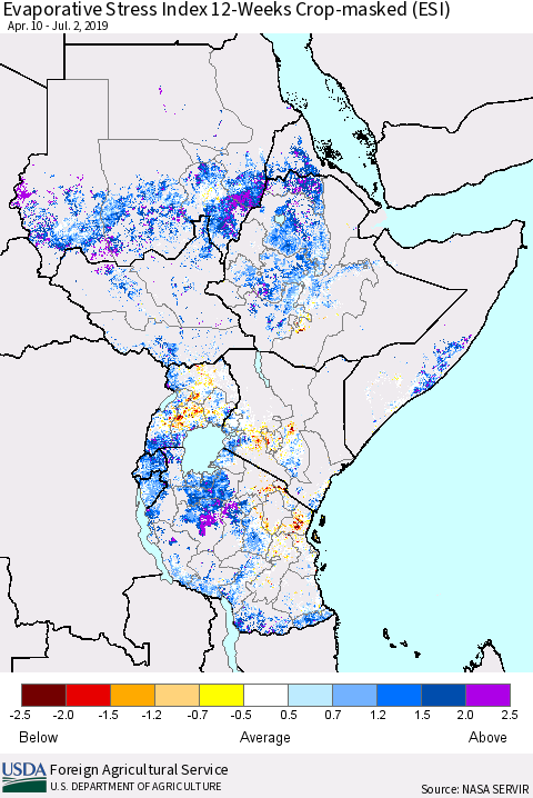 Eastern Africa Evaporative Stress Index (ESI), 12-Weeks over Croplands Thematic Map For 7/1/2019 - 7/7/2019