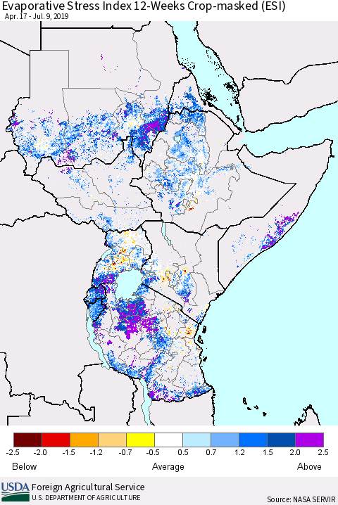 Eastern Africa Evaporative Stress Index (ESI), 12-Weeks over Croplands Thematic Map For 7/8/2019 - 7/14/2019