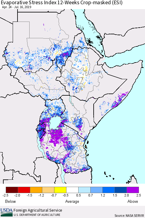 Eastern Africa Evaporative Stress Index (ESI), 12-Weeks over Croplands Thematic Map For 7/15/2019 - 7/21/2019