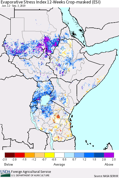 Eastern Africa Evaporative Stress Index (ESI), 12-Weeks over Croplands Thematic Map For 9/2/2019 - 9/8/2019