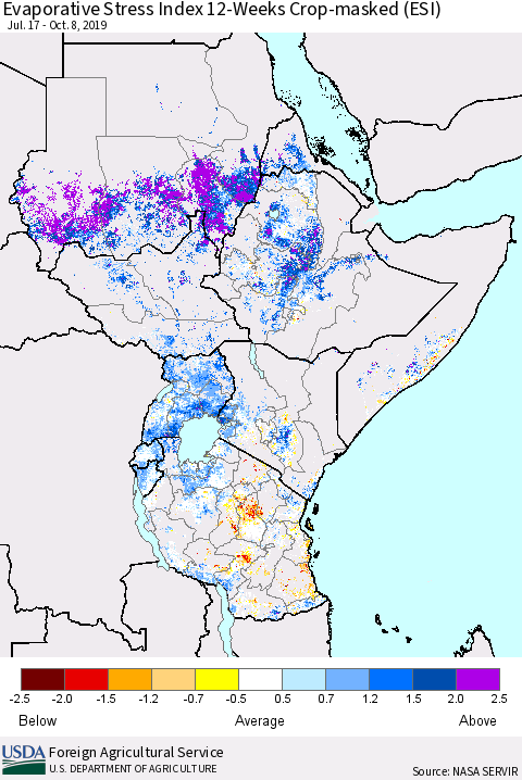 Eastern Africa Evaporative Stress Index (ESI), 12-Weeks over Croplands Thematic Map For 10/7/2019 - 10/13/2019
