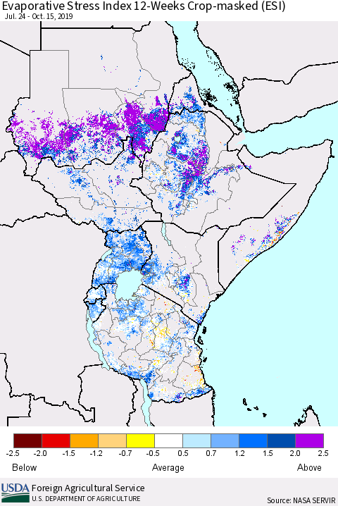 Eastern Africa Evaporative Stress Index (ESI), 12-Weeks over Croplands Thematic Map For 10/14/2019 - 10/20/2019