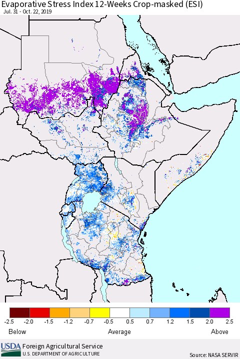Eastern Africa Evaporative Stress Index (ESI), 12-Weeks over Croplands Thematic Map For 10/21/2019 - 10/27/2019