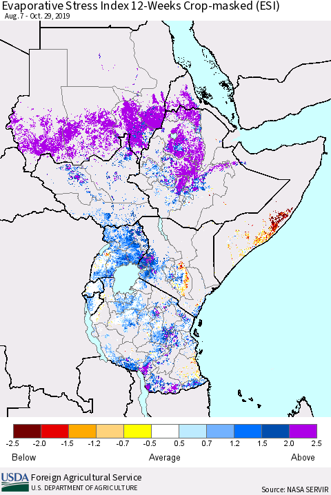 Eastern Africa Evaporative Stress Index (ESI), 12-Weeks over Croplands Thematic Map For 10/28/2019 - 11/3/2019