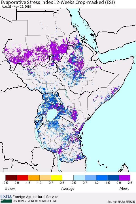 Eastern Africa Evaporative Stress Index (ESI), 12-Weeks over Croplands Thematic Map For 11/18/2019 - 11/24/2019