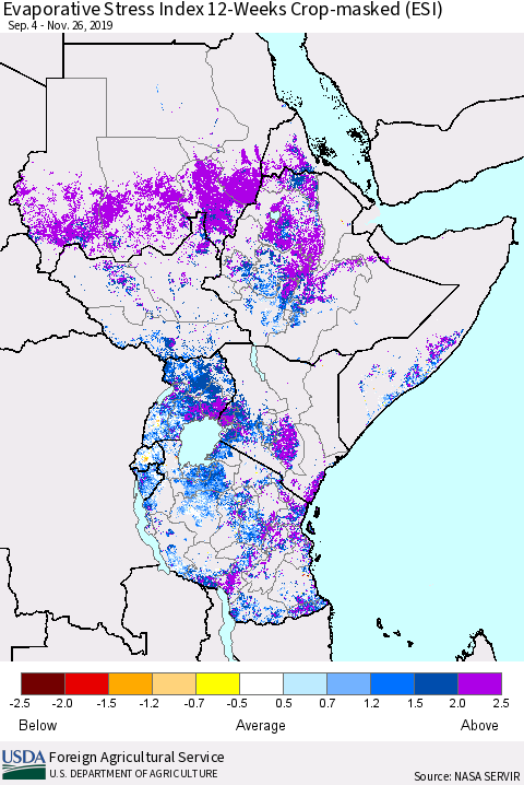 Eastern Africa Evaporative Stress Index (ESI), 12-Weeks over Croplands Thematic Map For 11/25/2019 - 12/1/2019