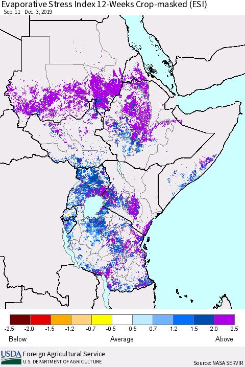 Eastern Africa Evaporative Stress Index (ESI), 12-Weeks over Croplands Thematic Map For 12/2/2019 - 12/8/2019