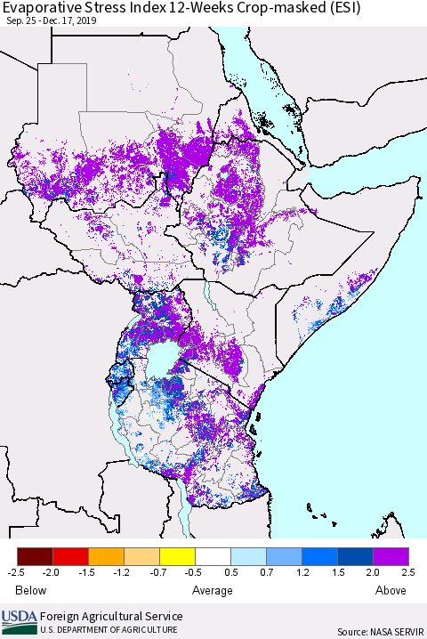 Eastern Africa Evaporative Stress Index (ESI), 12-Weeks over Croplands Thematic Map For 12/16/2019 - 12/22/2019