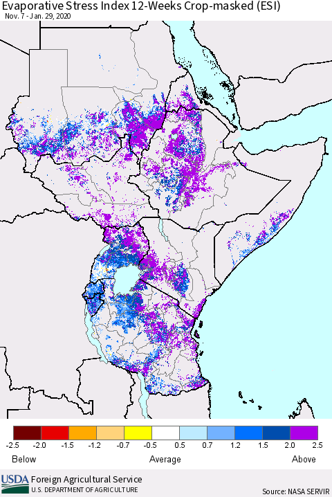 Eastern Africa Evaporative Stress Index (ESI), 12-Weeks over Croplands Thematic Map For 1/27/2020 - 2/2/2020
