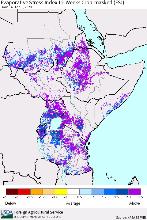 Eastern Africa Evaporative Stress Index (ESI), 12-Weeks over Croplands Thematic Map For 2/3/2020 - 2/9/2020