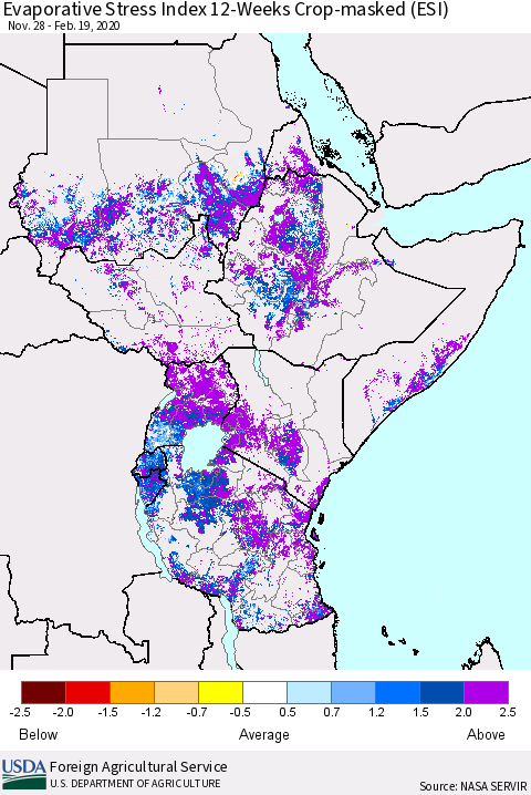 Eastern Africa Evaporative Stress Index (ESI), 12-Weeks over Croplands Thematic Map For 2/17/2020 - 2/23/2020