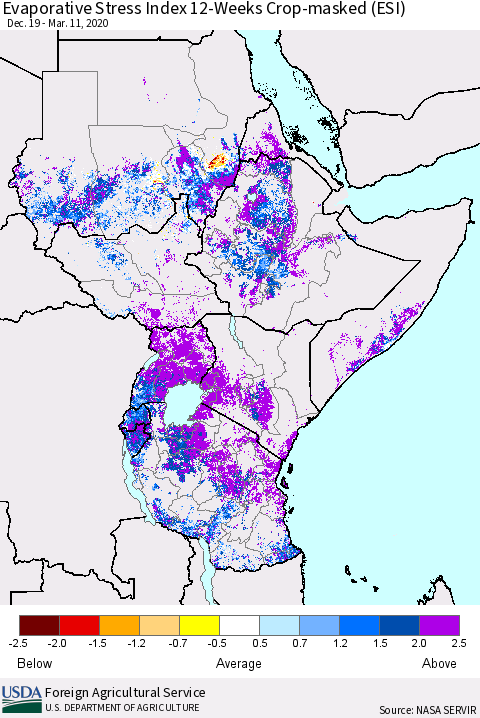 Eastern Africa Evaporative Stress Index (ESI), 12-Weeks over Croplands Thematic Map For 3/9/2020 - 3/15/2020