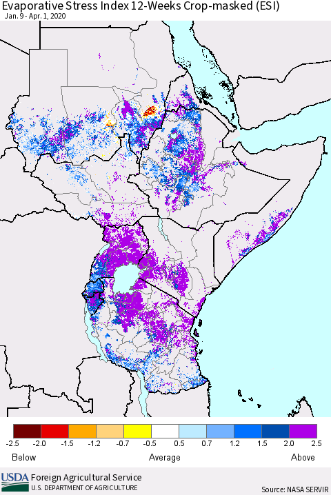 Eastern Africa Evaporative Stress Index (ESI), 12-Weeks over Croplands Thematic Map For 3/30/2020 - 4/5/2020