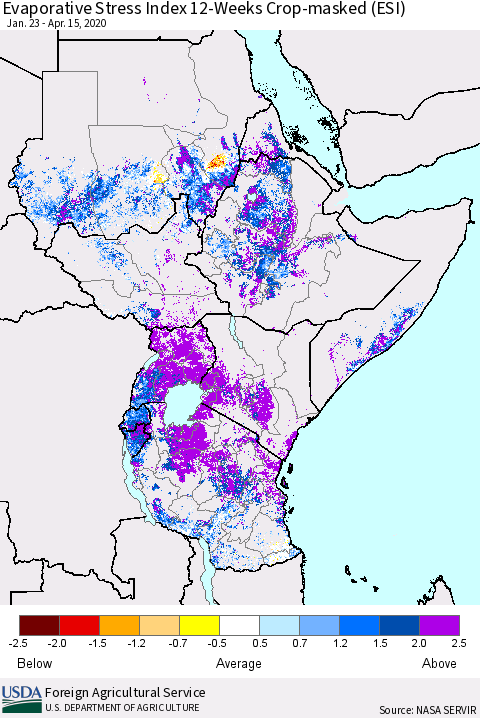 Eastern Africa Evaporative Stress Index (ESI), 12-Weeks over Croplands Thematic Map For 4/13/2020 - 4/19/2020