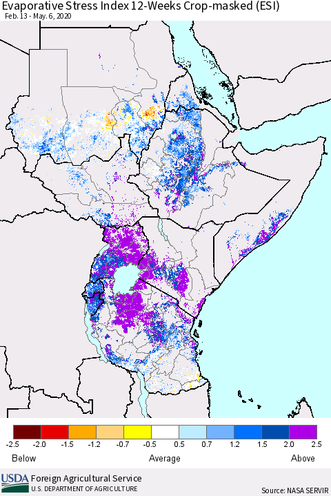 Eastern Africa Evaporative Stress Index (ESI), 12-Weeks over Croplands Thematic Map For 5/4/2020 - 5/10/2020